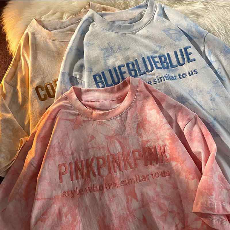 Tシャツ 女性用 春夏 短袖 ルーズフィット タイダイ染め 刺繍 丸首 ピンク ブルー ベージュ 綿混 ポリエステル 接触冷感 吸湿速乾 通勤 普段使い 学生向け 都市スタイル かわいい 軽量 伸縮性 普通丈 半袖 トップス 気質 上品 ビッグシルエット