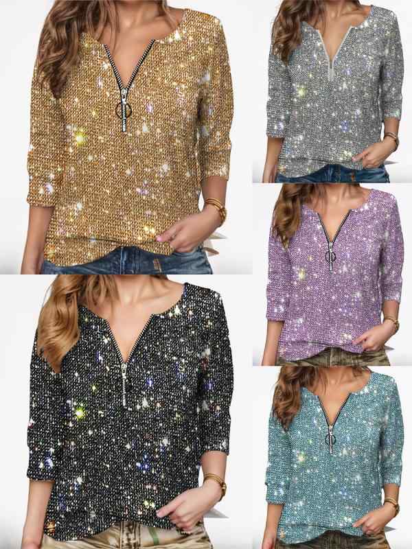 Tシャツ トップス 女性用 長袖 丸首 ゆったりシルエット ミドル丈 単色 スパンコール 切り替えデザイン ポリエステル 柔らか素材 通勤 普段使い ブラック ゴールド グレー パープル ライトグリーン 春季 気質 エレガント スタイル
