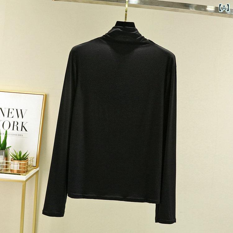 長袖 Tシャツ 女性用 半高領 レイヤード トップス 春夏 モダール 再生繊維 純色 セットイン 袖 熱転印加工 ルーズフィット 普通丈 スタンダード 袖型 マカロンカラー 通勤 気質 スタイル ブラック ピンク ベージュ ホワイト グレーグリーン アボ