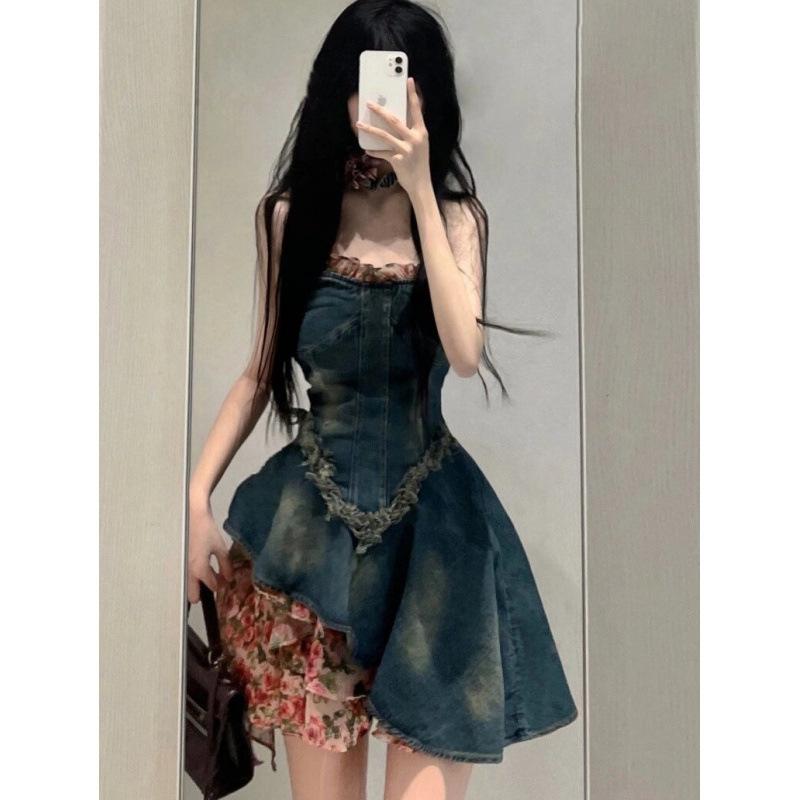 { "result": "ワンピース メンズ 女性用 ストラップレス デニム コットン 短め フレアスカート Aライン かわいい ...