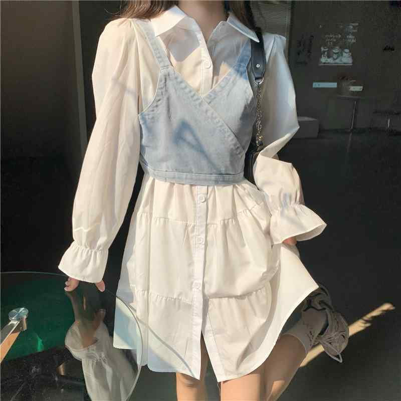 ワンピース 女性用 春 薄手 復古 フレンチ ウエストマーク ロングスリーブ ポロネック ミドル丈 TR素材 PVC混紡 公主袖 七分丈 袖 ライトリー セーター デニム風 背心 セット ライトリー カジュアル スタイル 中国風 アクセント 接触冷感 機