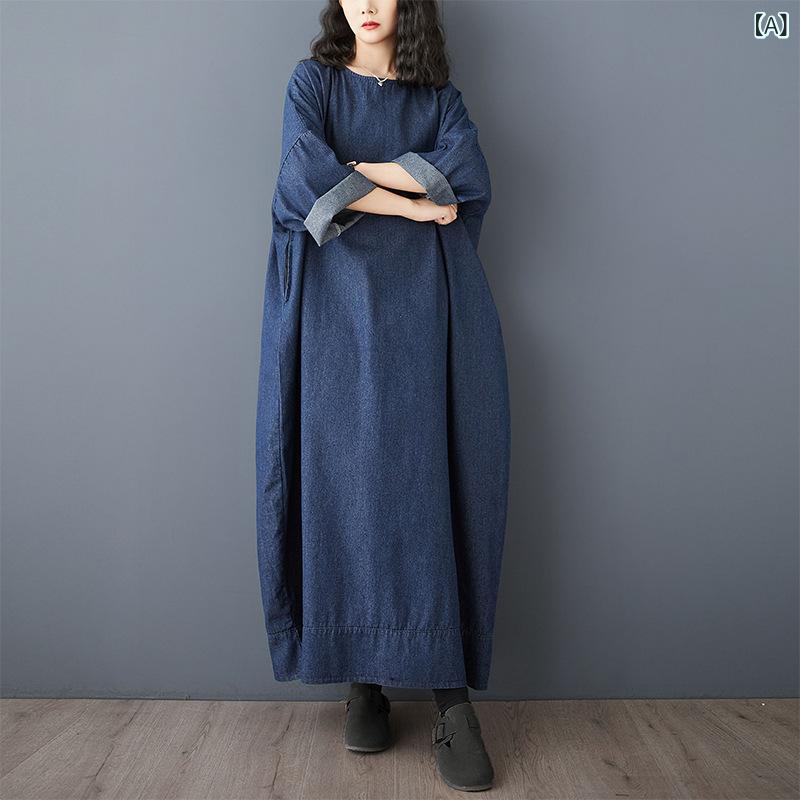 ワンピース レディース 長袖 デニム コットン麻素材 深ブルー 春季 復古風 大きめサイズ ゆったりシルエット 七分袖 ポロカラ ミドル丈 ゆったりスカート 快適カジュアル 日常使い 軽量 通勤対応 伸縮性 吸湿速乾 ビッグシルエット ハイウエスト 春夏 2