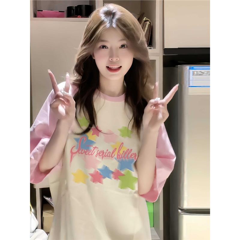 乐天商城 - Tシャツ レディース 夏 かわいい ピンク系 短袖 ラグラン袖 丸首 綿100% 接触冷感 吸湿速乾 切り替え プリント グラフィック ドーパミンカラフル ルーズフィット スリム効果 中長丈 日韓カジュアル 原宿スタイル 大学生向け 友達お揃い 軽量 通