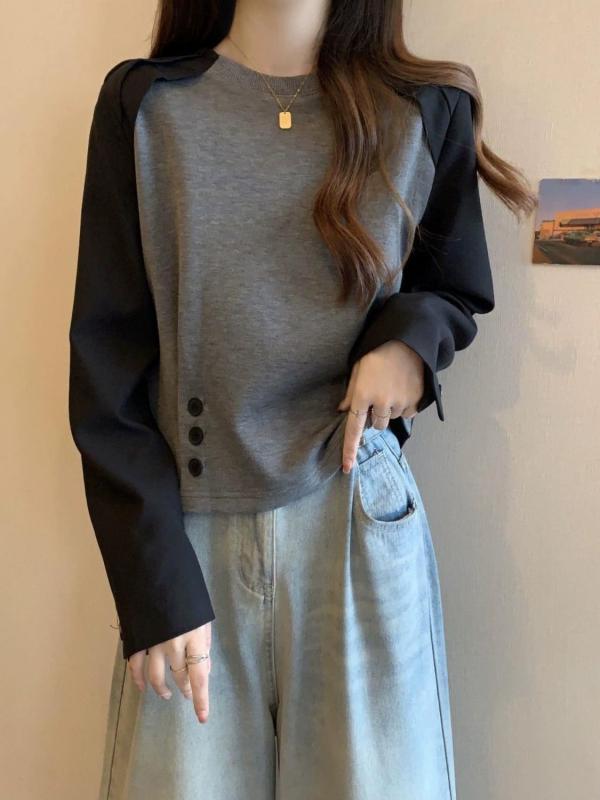 レディース 長袖 Tシャツ トップス 春秋 春夏 秋冬 大きいサイズ インナー ゆったり 体型カバー お腹隠し デザイン性 個性派 綿ポリエステル 無地 ボタン 丸首 韓国風 日常使い 軽量 伸縮性 グレー ベージュ系
