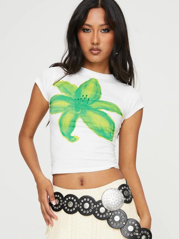 Tシャツ 女性 短袖 ラウンドネック 背中開き ボディス フィット 伸縮性 ポリエステル 素材 街頭スタイル かわいい 花柄 プリント ホワ..