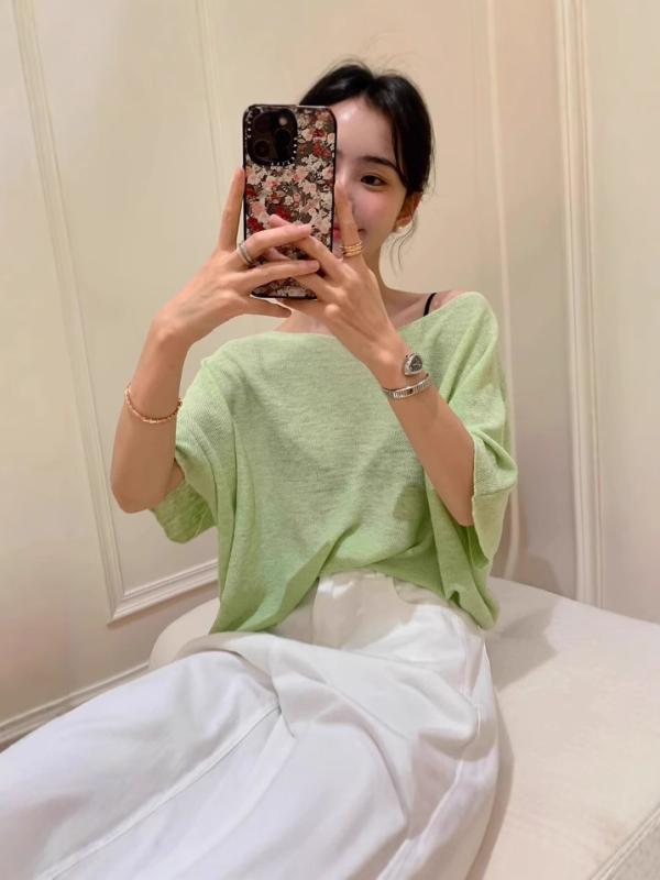 Other - Tシャツ 女性用 夏 短袖 麻 接触冷感 切り替え ワイドシルエット 一字肩 プリンセススリーブ ゆったり スリム 私服 御姐 グレー ライトグリーン 吸湿速乾 軽量 通勤 普段使い カジュアル