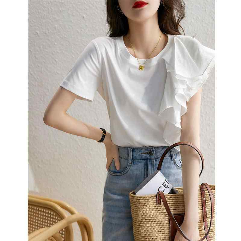 Tシャツ 女性用 夏 かわいい ラウンドネック 短袖 ゆったりシルエット コットン素...