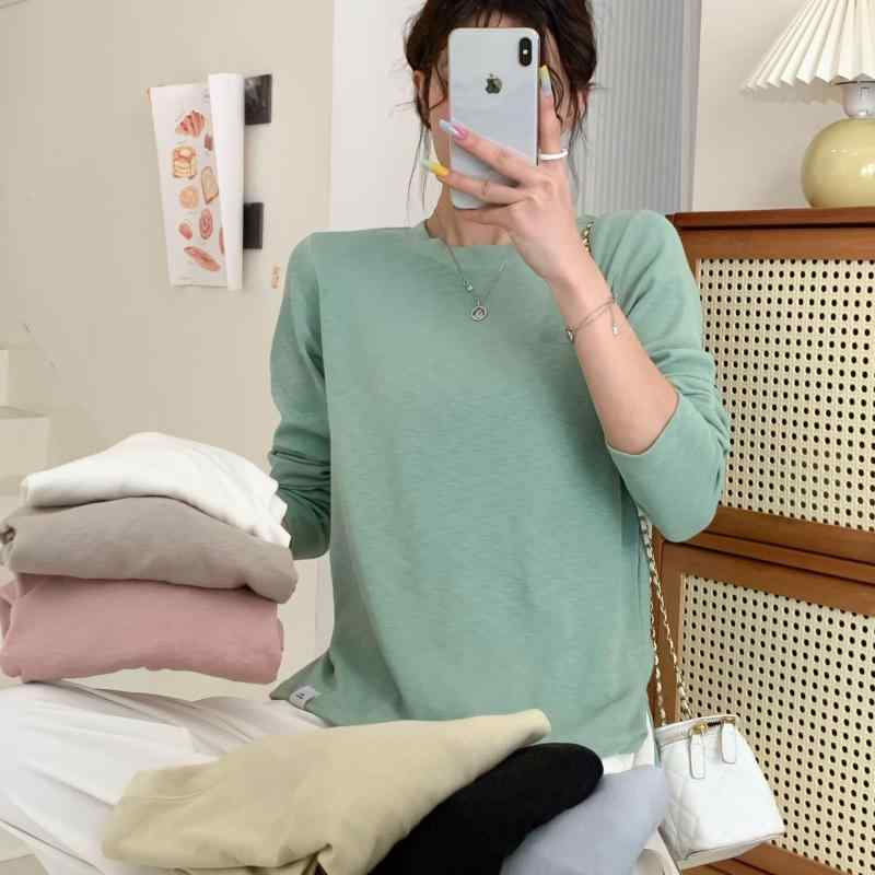 Other - Tシャツ レディース 長袖 丸首 竹節コットン 綿混 スパンデックス ストレートシルエット ゆったり シンプル 無地 軽量 伸縮性 吸湿速乾 日常使い インナー トップス 春夏 秋冬 通年 米白 グレー ピンク グリーン イエロー ブラック ブルー カジ