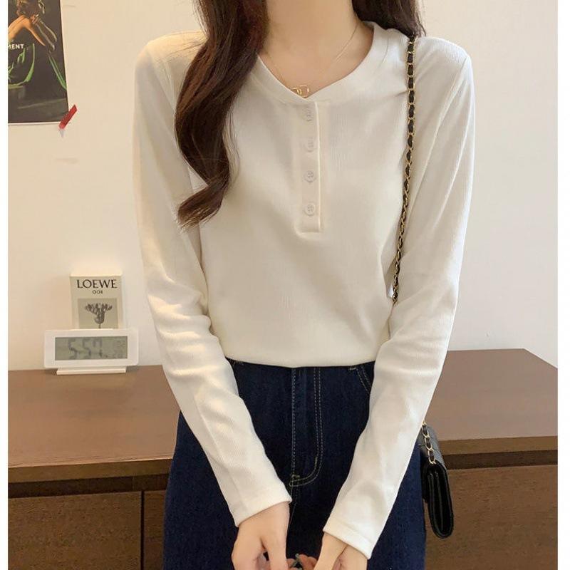 T-Shirts - Tシャツ 女性用 長袖 白 Vネック トップス 秋冬 インナー ワイドシルエット ポリエステル 接触冷感 速乾 気質 通勤 普段使い 都市スタイル 切り替え ボタン セットアップ 軽量 伸縮性 ベーシック