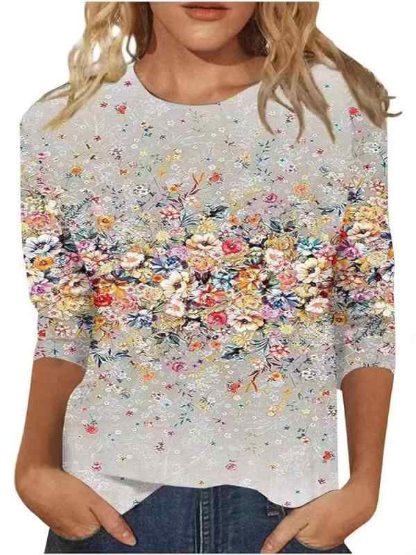T-Shirts - Tシャツ レディース 春夏 七分袖 プリント 花柄 植物モチーフ 丸首 ゆったり トップス コットン混 ポリエステル アウトドア 普段使い 伸縮性 涼しい 3D柄 街着 欧米風 快適 カジュアル 花色 ピンク ブルー ブラック ホワイト ステレオパターン