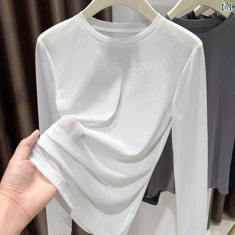 Other - Tシャツ 女性用 プラスペサイズ 接触冷感 長袖 丸首 薄手 メッシュ インナー 切り替え 直筒 白色 ブラック グレー ブラウン 通勤 普段使い 気質 快適 軽量 吸湿速乾 ポリエステル 再生繊維 夏 春夏