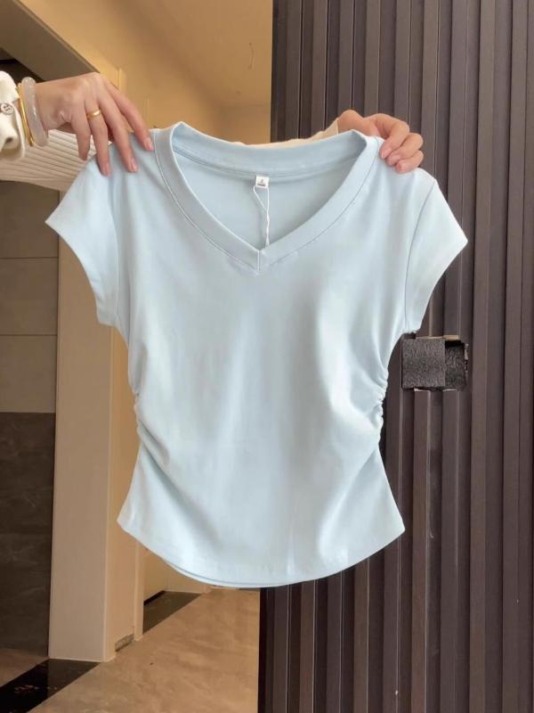 乐天商城 - Tシャツ 女性用 夏 短袖 Vネック 修身 スリムフィット 短丈 トップス 褶皱デザイン セットインショルダー 接触冷感 吸湿速乾 軽量 通勤 普段使い カジュアル 日韓スタイル ライトブルー ライトピンク ホワイト ブラック グレー ピーチ