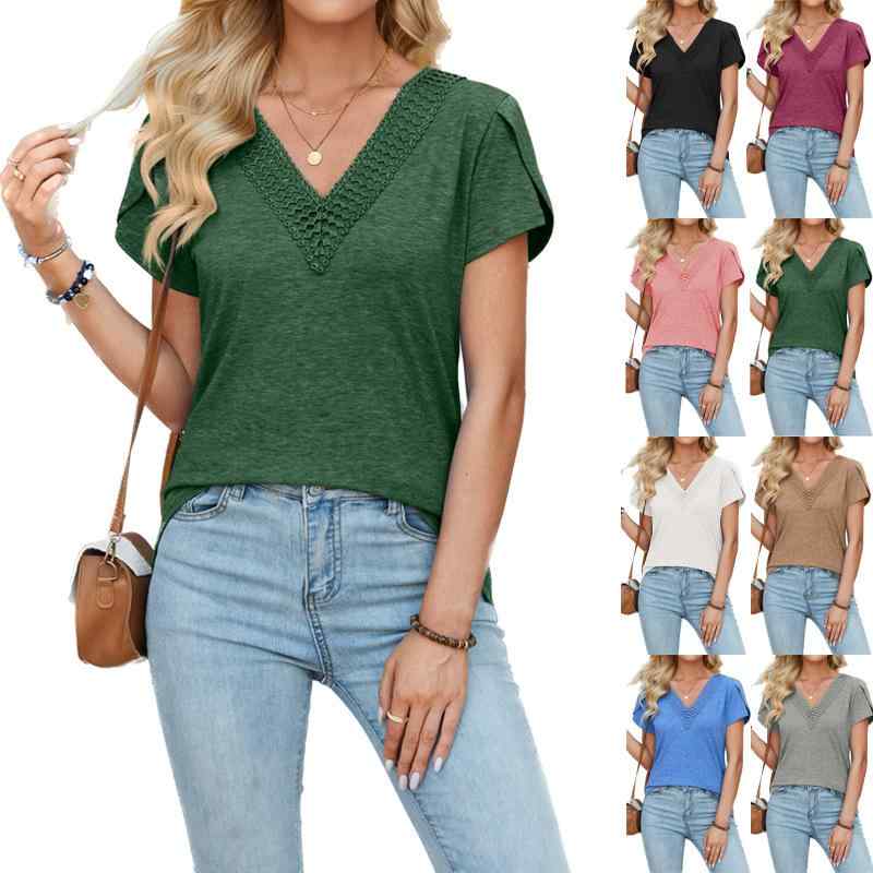 レディース Tシャツ 春夏 切り替え Vネック 花びら袖 短袖 綿 ポリエステル 混紡 ゆったりシルエット 普通丈 セットインスリーブ 気質 通勤 普段使い 吸湿速乾 軽量 ブルー ホワイト ピンク ブラック グレー カーキ グリーン ワインレッド