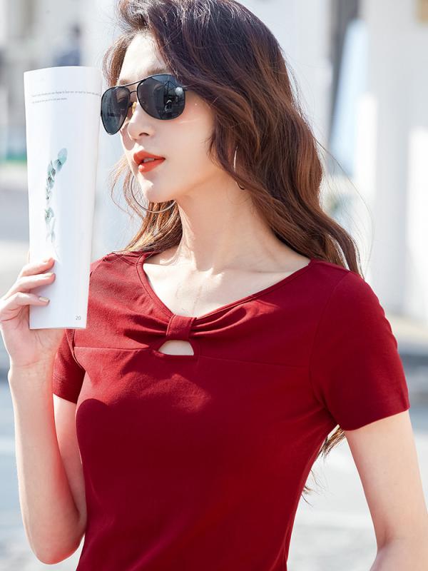 レディース Tシャツ かわいい 韓国風 修身 綿 短袖 トップス Vネック 切り替え 空洞 デザイン 半袖 上衣 純色 セットアップ スタイル ..
