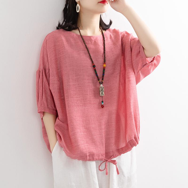 Tシャツ 女性用 ゆったり 大きいサイズ バットスリーブ 抽绳 ラウンドネック 中袖 プルオーバー トップス 夏 通勤 通勤風 気質 ポリエステル ポリエステル混 涤纶 純色 切り替え ボタン ゆったりシルエット 短袖風 桜花ピンク 天ブルー ブラウンカ