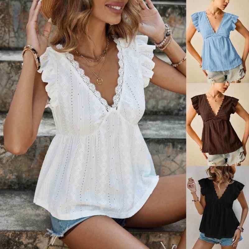 Tシャツ レディース 春夏 甘め 清新 スタイル Vネック 短袖 フリル袖 レース 装飾 切り抜き デザイン ポリアミド ポリウレタン 混紡 ソリッドカラー 軽量 通気性 吸湿速乾 ホワイト ブラック ライトブルー ブラウン サイズ S M L XL 日