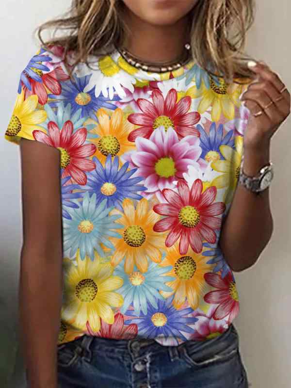 Tシャツ レディース 夏 春夏 丸首 短袖 Aライン 3D花柄プリント 接触冷感 ポリエステル 吸湿速乾 軽量 街頭カジュアル 個性派 欧米風 トップス ブラウス 花柄 プリント柄 涼しい 日常使い 外出着 かわいい ビッグシルエット