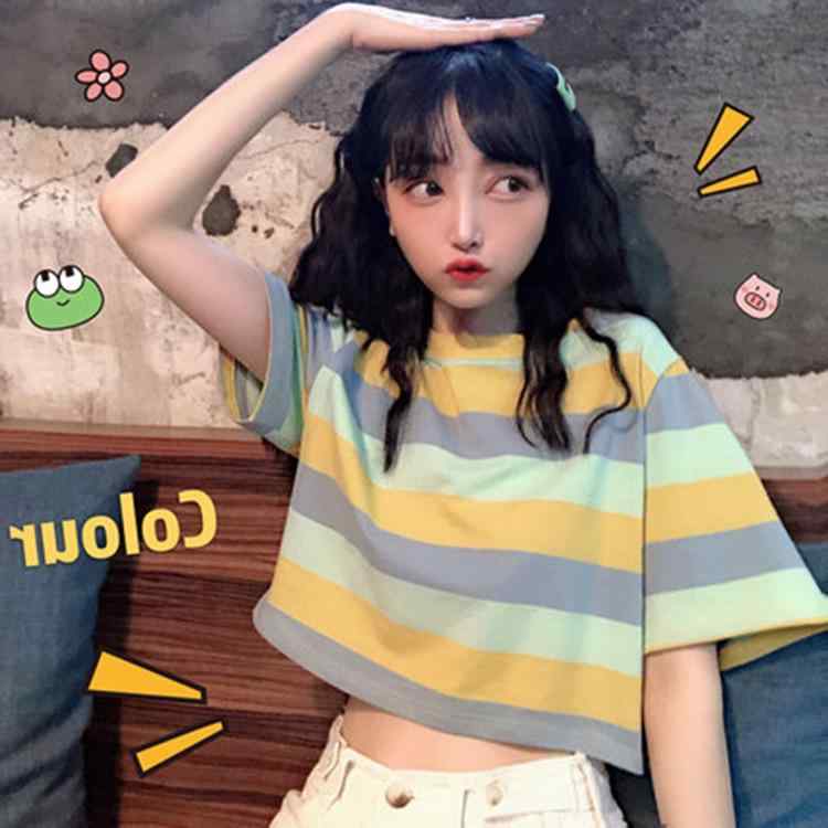 樂天商城 - Tシャツ レディース 短袖 短丈 露肚 クロップド トップス ルーズフィット カラフル 虹色 ストライプ柄 プリント 学生向け 学院風 かわいい 清新 甘め スタイル ボーイフレンド風 丸首 セットインスリーブ ポリエステル スパンデックス 混合 吸湿速