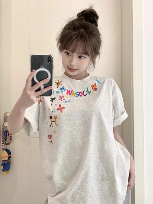 Tシャツ 女性用 夏 綿 接触冷感 短袖 丸首 ワイドシルエット ミドル丈 幾何柄 プリ...