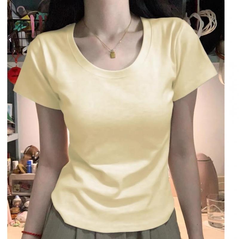 樂天商城 - Tシャツ 女性用 ミルクイエロー Uネック 短袖 純棉 綿素材 伸縮性 切り替えデザイン 修身シルエット ハイウエスト風 ミルクイエロー ブラック ホワイト アイボリー ライトブルー ライトグレー 通勤スタイル 都市風 かわいい 夏用 短丈 トップス 気