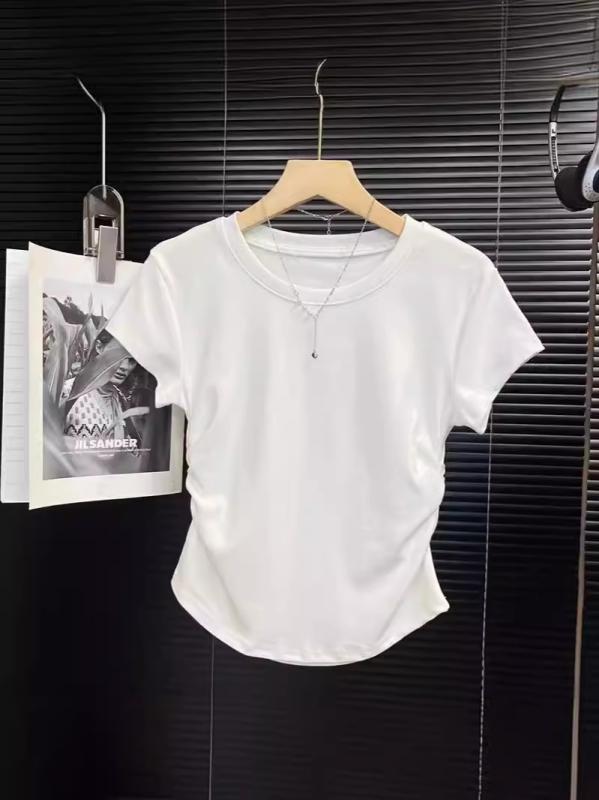 樂天商城 - Tシャツ 女性用 短袖 夏用 修身 胸強調 短丈 上衣 褶皺デザイン 純色 丸首 セットインスリーブ 不規則シルエット 接触冷感 ポリエステル混紡 軽量 吸湿速乾 セクシー かわいい 私服 淡色 ホワイト グレー ブラック