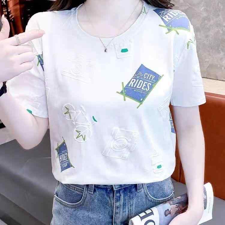 Tシャツ 女性用 春夏 短袖 半袖 トップス 丸首 セットインスリーブ ルーズフィット スリムライン 大きいサイズ 白色 動物プリント ヒョウ柄 立体デザイン プレス加工 接触冷感 再生繊維 ポリエステル 混紡 軽量 通勤 普段使い かわいい フレッシュ