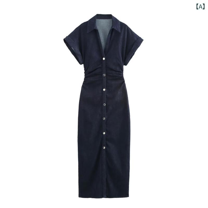 ワンピース レディース デニム 長め Aライン 膝下丈 Vネック 短袖 ゆったり腰回り 3Dプリント 柄物 深青 ストリート カジュアル 街着 日常使い 接触冷感 涤纶 ポリエステル 軽量 通気性 伸縮性 汎用体型 単品 無地ボタン 無タグ 個性派 欧米