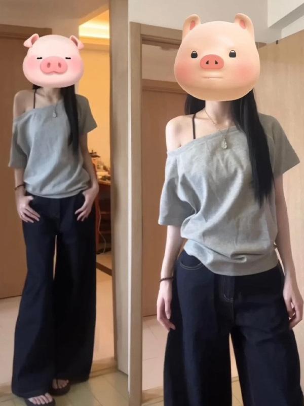 樂天商城 - Tシャツ 女性用 夏 通勤風 韓国風 ゆったり 斜めVネック 肩出し 短袖 トップス 綿混 ストレッチ 接触冷感 軽量 吸湿速乾 純色 ブラック ホワイト ベージュ ネイビー グレー 修身シルエット 気品 日常使い 百搭 かわいい 気質 上品