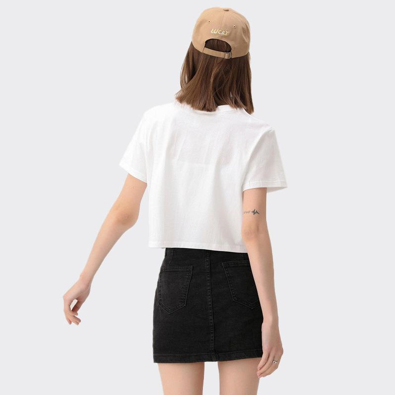 Shirts, T-Shirts - Tシャツ レディース 半身露脐 純棉 短袖 夏用 快適 透気 精梳棉 ソリッドカラー 小白T 修身 短丈 丸首 普通袖 清新 かわいい 吸湿速乾 接触冷感 白色 ブラック コットン 95%以上