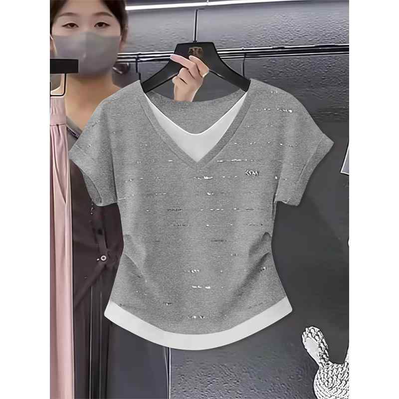 Tシャツ レディース 短袖 トップス 女性用 Vネック 修身型 切り替えデザイン 90%コットン 10%スパンデックス 接触冷感 伸縮性 軽量 通勤風 気質 ピンク ブラック グレー 春夏 吸湿速乾 かわいい ファッション 上品