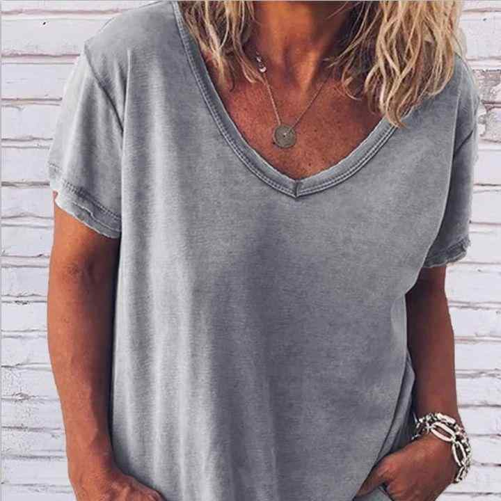 T シャツ 女性用 V ネック 短袖 トップス ゆったりシルエット 中長丈 レイヤードデザイン ポリエステル 無地 プリント加工 グレー ホワイト ブラック ブルー グリーン ピンク 快適 普段使い 部屋着 カジュアル 春夏 秋
