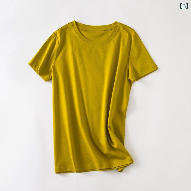 Tシャツ 女性用 夏 接触冷感 双面 シルク光 コットン 半袖 トップス かわいい 純色 Vネック ゆったり 修身 通勤 通勤風 気質 セットアップ スタイル 吸湿速乾 軽量 綿素材 95%以上 迷霧ブルー ジンジャーイエロー バターグリーン ピーコック