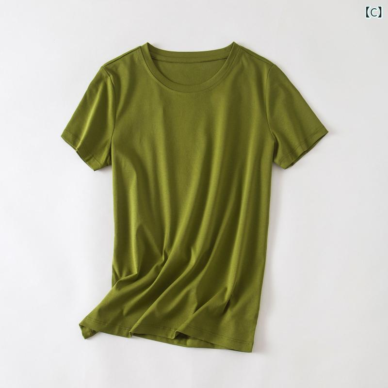 Tシャツ 女性用 夏 接触冷感 双面 シルク光 コットン 半袖 トップス かわいい 純色 Vネック ゆったり 修身 通勤 通勤風 気質 セットアップ スタイル 吸湿速乾 軽量 綿素材 95%以上 迷霧ブルー ジンジャーイエロー バターグリーン ピーコック