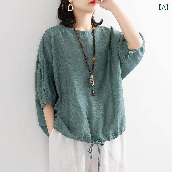 レディース Tシャツ トップス 蝙蝠袖 ルーズフィット ビッグサイズ ゆったり 丸首 中袖 セットインスリーブ 裾ドローストリング 切り替えデザイン 蝶結び ポリエステル ストレッチ 吸湿速乾 夏 春夏 通勤 普段使い 部屋着 カジュアル 緑 白 天藍