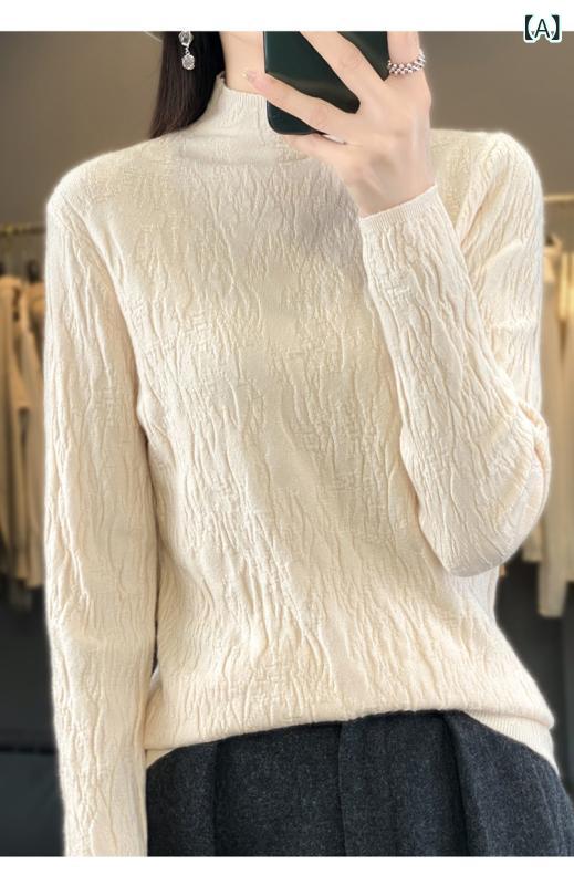 ニットトップス 女性用 秋冬 通勤用 修身 高級感 薄手 長袖 高領 3D立体柄 ポリエステル混紡 セットインスリーブ 気質スタイル ベージ..