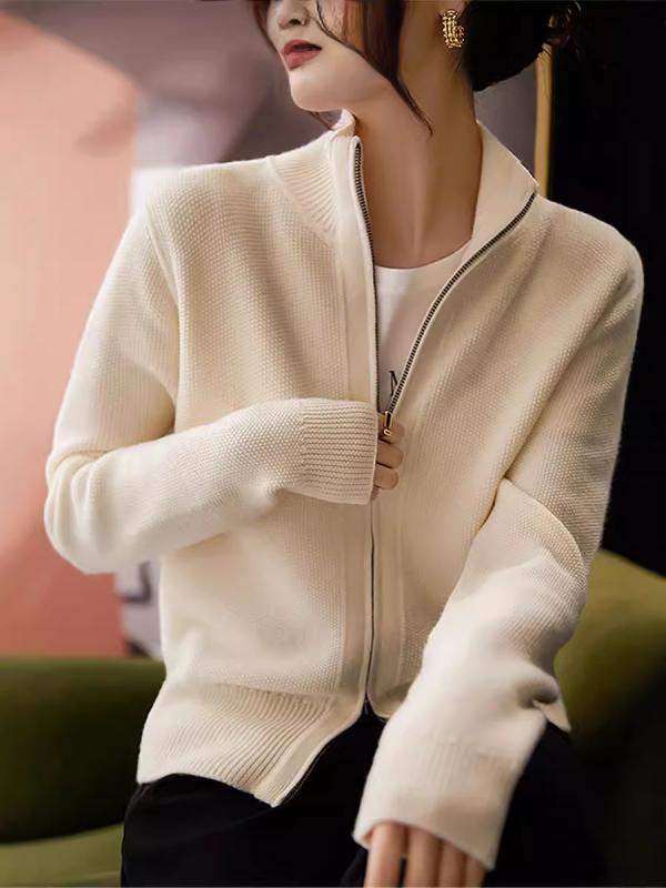 カーディガン 女性用 秋冬 ラウンドネック ジップアップ ニット 長袖 中厚 羊毛混紡 天竺編み 単色 ゆったりシルエット ミドル丈 外出着 復古スタイル ミルクホワイト ブラック ダークグリーン 接触冷感 吸湿速乾 軽量 伸縮性 普段使い 通勤用 部屋