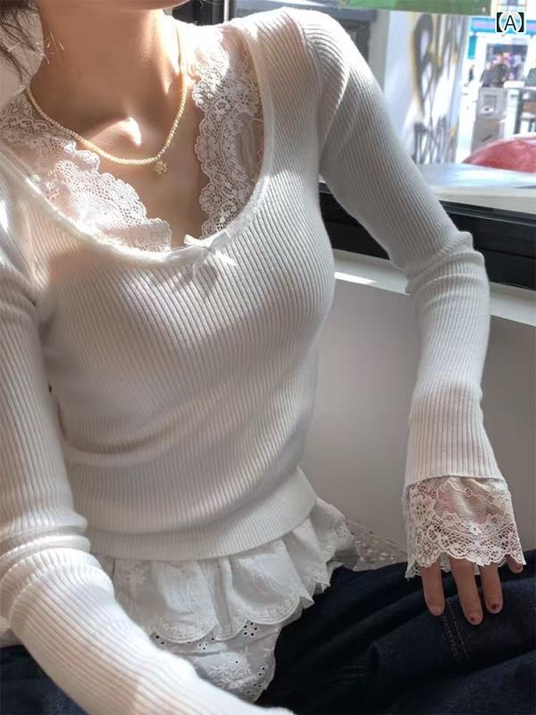 ニットトップス 女性用 長袖 Vネック 蝶結び レース インナー かわいい 快適 百搭 修身 セットインスリーブ 秋冬 ウール調 ソリッドカラー ベージュ系 ホワイト ブラック ピンク系 ライトブラウン 普通丈 単品 セットオン 甘め フレッシュ 私服