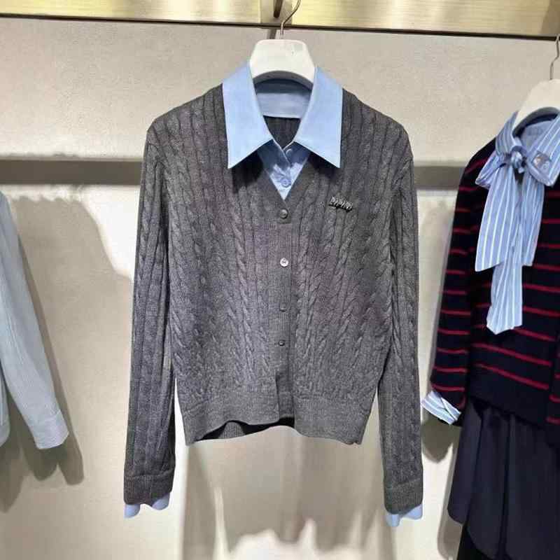 ニット セーター 女性用 秋冬 長袖 ポロカラ 切り替え 偽ツーピース 厚手 ポリエステル ワイドシルエット ゆったり セットアップ 日常使い グレー 単色 スタンダード丈 日韓カジュアル