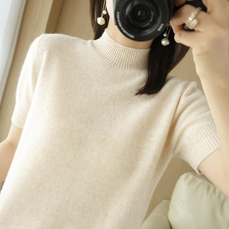 ニットトップス 女性用 春夏 半高領 セットイン 修身 半袖 切り替え 肌触り良い ポリエステル混紡 レイヨン混紡 純色 気質通勤 インナーシャツ ブラウス 軽量 吸湿速乾 伸縮性 スリムライン 白色 グレー ブラック ベージュ グリーン ピンク ブルー