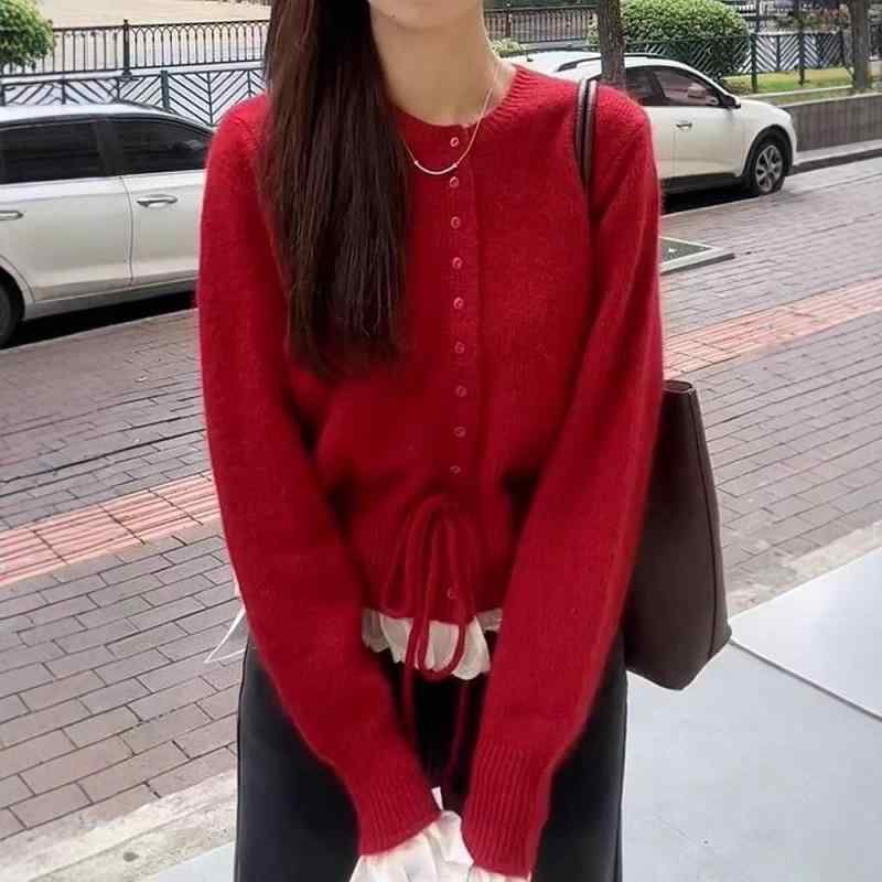 ニットカーディガン 女性用 秋冬 かわいい 甘め レース 花柄 切り替え ウエストシェイプ ドローストリング 長袖 ラウンドネック 単品 普通丈 ミックスカラー 赤 アイボリー ライトイエロー パステルパープル 綿羊毛 混紡 適度厚み フレッシュ スイー(x2)