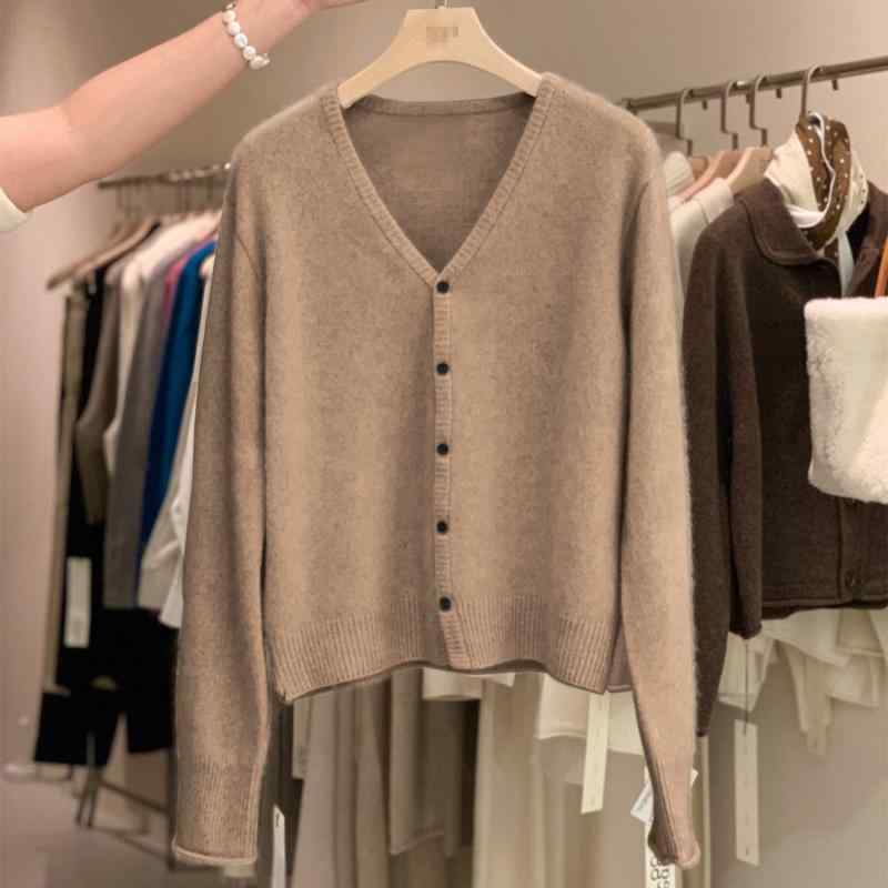 ニット カーディガン 女性用 Vネック 長袖 羊毛 100% 薄手 ゆったり シルエット 気質 通勤 スタイル 単独 アイテム 開き前 ボタン 付け 普通 丈 50cm 以上 65cm 以下 ストレッチ リブ 加工 グレー ブラック アイボリー ダーク