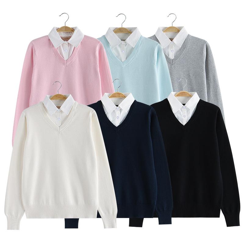 Rakuten - セーター 女性用 秋冬 JK制服 インナー 長袖 偽ツーピース 綿素材 Vネック プルオーバー 学院風 清新 甘め 米白 ピンク ミントグリーン ライトグレー ネイビー ブラック 95% コットン 柔らか 暖か 通学 普段使い