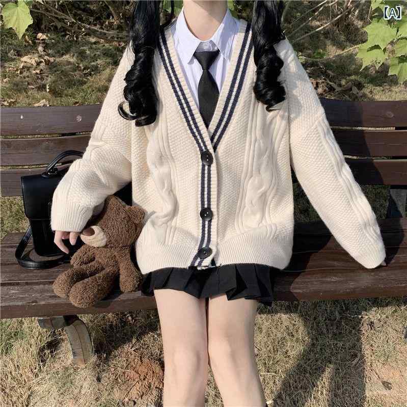 カーディガン 女性用 秋冬 ストリート Vネック ゆったり ニット 長袖 綿羊毛 ポリエステル スパンデックス ストライプ チェック ミディアム厚 ボタン 普通丈 提花加工 米白 グレー 韓国風 日常使い 軽量 伸縮性 レイヤード ビッグシルエット