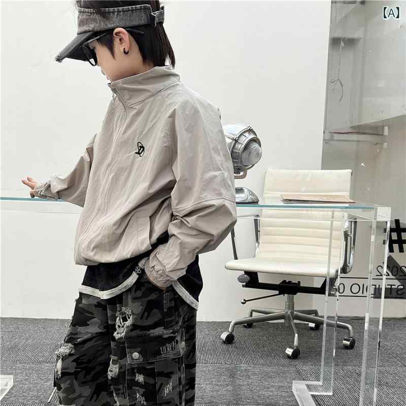 子供 男の子 女の子 春夏 薄手 アウター 防晒服 灰色 刺绣 軽量 接触冷感 ポリエス...