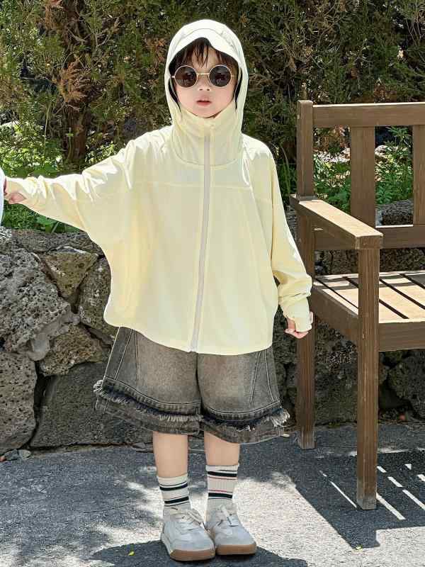 男児 夏用 UVカット服 子供 韓国風 接触冷感 長袖 夏服 連帽 透気性 超薄型 女児 ゆったりシルエット トレンド 防日焼け 軽量 ポリエステル 伸縮性 黄色 3～8歳 110～140cm 通学 遊び着