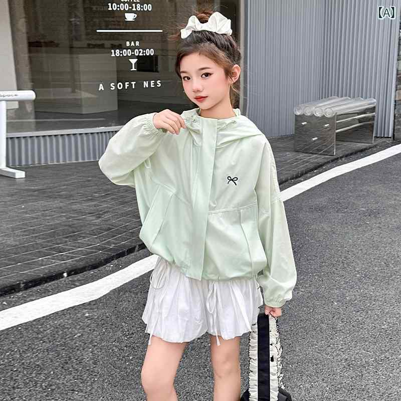 女の子 防紫外線 トップス 夏用 接触冷感 綿混 ポリエステル 軽量 伸縮性 緑 黄色 かわいい 蝶結び デザイン 中大童 8歳以上 140cm以上 通学 普段使い アウトドア 紫外線カット 吸湿速乾 ファッション