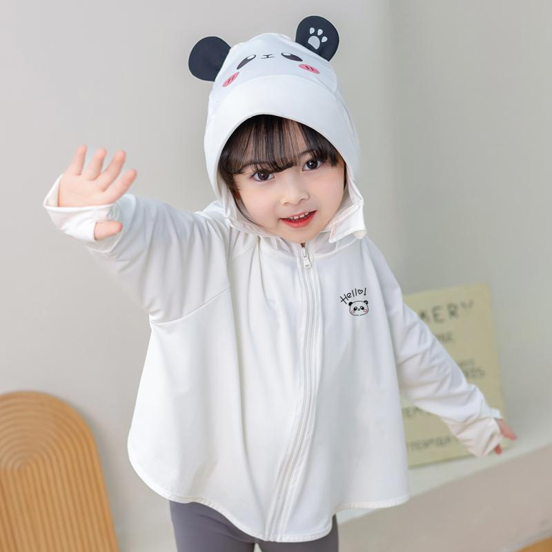 子供 防晒服 キッズ UVカット 軽量 透気性 接触冷感 動物プリント 熊猫 ウサギ サメ かわいい 夏服 男の子 女の子 短袖 ポリエステル 遮陽 超薄 白色 ピンク ブルー パープル グレー グリーン プリント柄 切り替えデザイン 通年対応