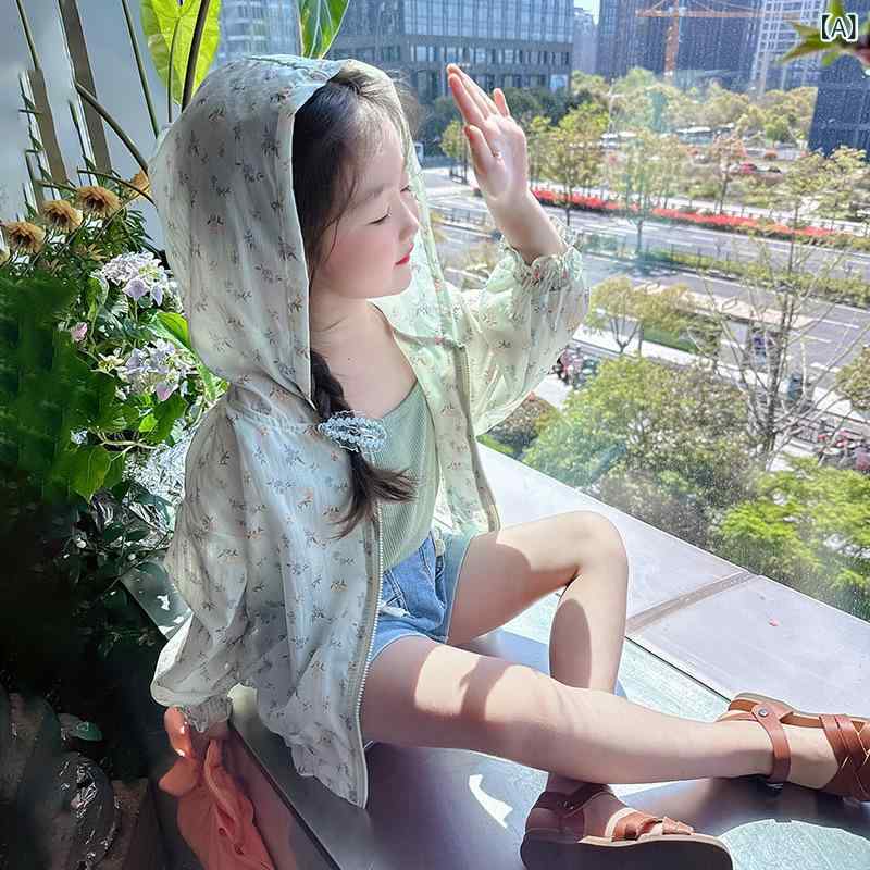 女児 キッズ 女の子 夏 春夏 防暑 防晒 服 トップス 薄手 長袖 フード付き プルオ...
