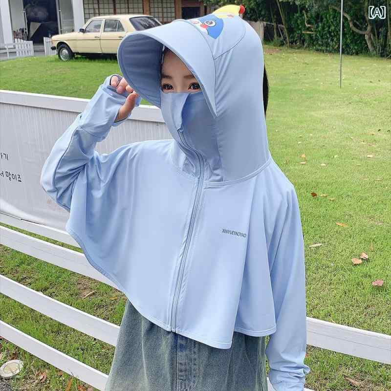 キッズ 女児 防晒服 夏用 紫外線対策 接触冷感 吸湿速乾 軽量 透気性 ポリエステル 綿混紡 連帽 長袖 トップス カジュアル かわいい 動物プリント ブルー ピンク グリーン パープル 切り替えデザイン