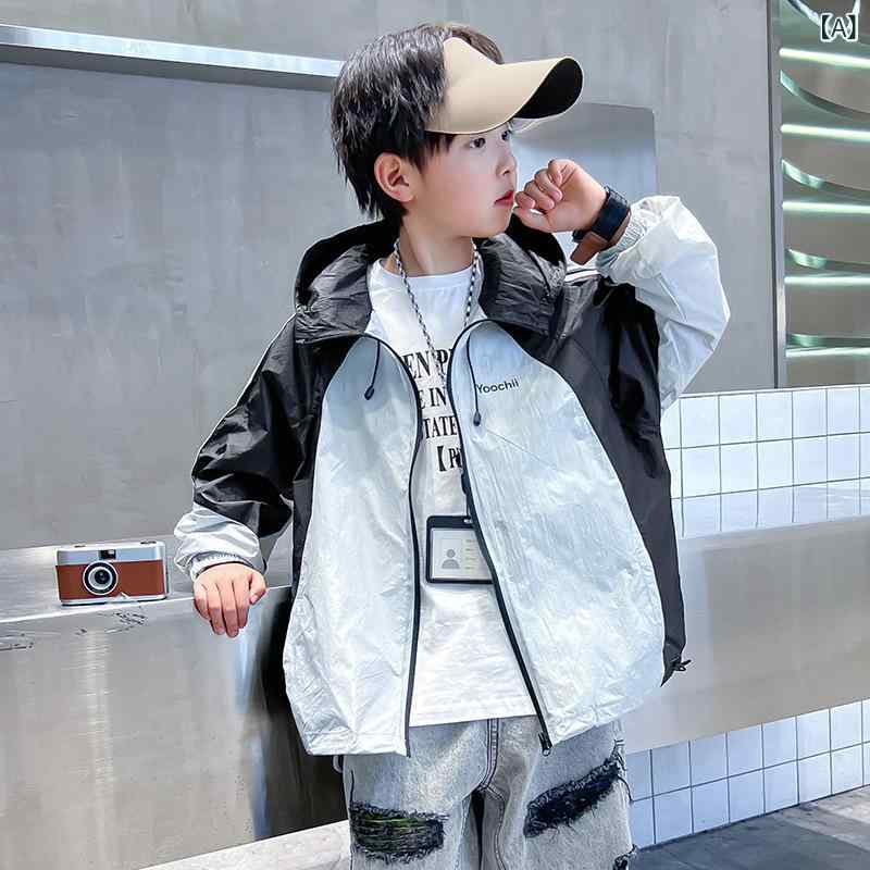 男児 夏服 防紫外線 服 軽薄 外套 トップス 長袖 フード付き 帽子 脱着不可 ブラック グレー 接触冷感 吸湿速乾 ポリエステル 混紡 伸縮性 通気性 夏用 春夏 アウトドア 普段使い 紫外線カット 男の子 ジュニア 中学生 高校生 成長期 身長13